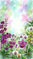 Watercolor orchid garden border with purple, white, and yellow blooms on soft pastel background, copy space for greeting cards and invitations.