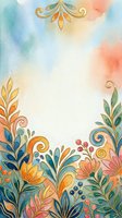 Watercolor floral border with gold accents, colorful blooms, swirls, and berries on soft pastel background with copy space for text.