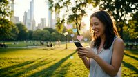 Young Asian woman laughing while using smartphone in urban park during golden hour sunset with city skyline background for lifestyle and technology concepts.