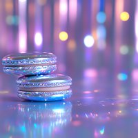 Colorful macarons with glitter sparkle on reflective surface against blurred bokeh background in purple and blue neon lights creating magical atmosphere.