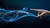 Human hand touching digital AI wave with glowing blue particles against dark background, representing technological connection and artificial intelligence innovation.