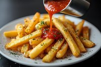 Crispy golden french fries on white plate with red tomato sauce being poured from metal cup, garnished with herbs and spices.