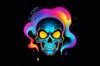 Neon skull with glowing yellow eyes surrounded by vibrant rainbow smoke effect on black background, stylized design for modern street art and urban culture graphics.