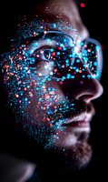 Close-up profile of male face with glowing red and blue digital particles overlay effect creating futuristic technological transformation visualization.