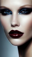 Close-up beauty portrait featuring dramatic blue glitter eyeshadow, dark burgundy lips, and flawless pale complexion against dark background. For cosmetic and fashion advertising.
