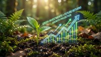 Green investments future returns growth projection concept with young seedling and upward trending arrow chart in forest soil environment.