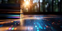 Stack of books on wooden surface with magical rainbow light effects and sun rays through forest background creating mystical educational atmosphere.