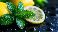 Fresh mint leaves with water droplets and sliced lemon on dark surface for culinary and beverage preparation.