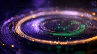 Glowing spiral galaxy with purple and orange light trails against dark background, sparkling particles and green data visualization elements create cosmic effect.