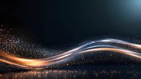 Glowing orange and white light waves flow through dark space with sparkling particles, creating dynamic motion effect against black background.