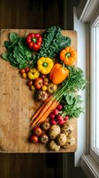 Fresh organic vegetables arranged on rustic wooden cutting board including bell peppers, tomatoes, carrots, potatoes, kale, spinach and radishes for healthy cooking.