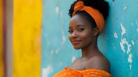 Young African woman with natural curly hair wearing orange headband and top smiling confidently against vibrant turquoise wall with yellow accent, expressing joy and authenticity.