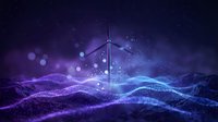 Digital cross glowing with divine light over purple and blue particle waves creating spiritual atmosphere for religious and faith concepts.