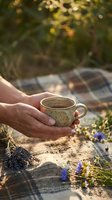 Hands holding ceramic mug with herbal tea outdoors on picnic blanket surrounded by wildflowers and dried herbs creating peaceful morning ritual scene.