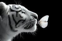 Gentle white tiger face in profile meeting white butterfly against black background, creating dramatic contrast and peaceful nature connection. For wildlife art and conservation.