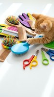 Ginger cat playing with colorful pet grooming tools including brushes, combs, nail clippers and scissors on white background for pet care and animal wellness content.