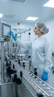 Female technician in sterile white protective suit and hairnet operating pharmaceutical manufacturing equipment in cleanroom laboratory environment.