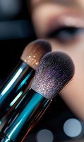 Makeup brushes with glitter sparkles on bristles against blurred background, metallic turquoise handles catching light, professional cosmetic tools close-up.
