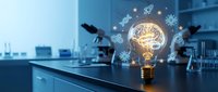 Glowing lightbulb with brain inside surrounded by innovation icons in modern laboratory setting representing creative scientific research and breakthrough ideas.