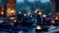Mystical Halloween table setting with glowing candles, black cauldron and purple decorations creating spooky atmospheric mood in twilight garden setting.