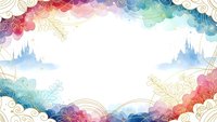Colorful watercolor cloud frame with golden line art details and fairy tale castle silhouettes creating magical border for text and design projects.