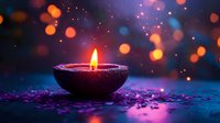 Traditional oil lamp with glowing flame surrounded by colorful bokeh lights and scattered petals creating magical festive atmosphere for celebrations.
