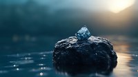 Water droplet balanced on dark rock in tranquil lake at sunset, creating serene nature meditation scene.