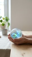 Hands holding glowing energy orb with swirling blue and green light effects in modern home interior for wellness and spiritual concepts.