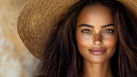 Young mixed race woman with radiant smile wearing straw sun hat, natural makeup and glowing tan skin captured in warm summer lighting with soft bokeh background.
