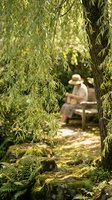 Peaceful garden scene with weeping willow branches framing a blurred figure reading on bench, creating serene outdoor sanctuary for relaxation and contemplation.