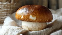 Fresh brown champignon mushroom with glossy cap on white linen cloth, macro food photography with soft natural lighting and shallow depth of field.