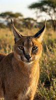 Caracal wild cat portrait with tufted ears in golden savanna light against acacia trees background for wildlife and nature photography projects.