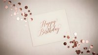 Happy Birthday greeting card with rose gold confetti stars and circles on a linen background, perfect for celebration invitations.