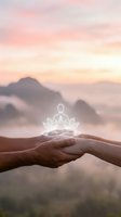 Hands holding glowing meditation figure with lotus pose against mountain sunrise backdrop for wellness and spiritual healing concepts.