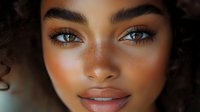Close-up portrait of young African American woman with freckles, curly hair, and striking blue eyes showing natural makeup look for beauty advertising.