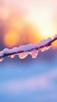 Melting snow crystals on tree branch at sunset creating magical winter atmosphere with golden light and bokeh effect against blue sky background.
