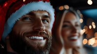 Cheerful bearded man in Santa hat smiling with white teeth against blurred bokeh lights background. Festive holiday mood and celebration atmosphere.