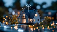 Cozy white house with glowing windows at dusk surrounded by magical bokeh lights and miniature trees creating dreamy atmosphere for real estate presentation.