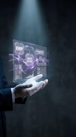 Business professional hand presenting holographic ERP data flow interface with glowing purple digital elements for enterprise resource planning solutions.
