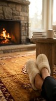 Cozy living room with fireplace, warm slippers, books and coffee mug creating relaxing home atmosphere for winter comfort and hygiene lifestyle concepts.