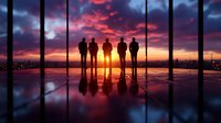 Silhouettes of five people standing against dramatic sunset sky with vibrant red clouds, reflective surface creates mirror effect, urban skyline visible in background.