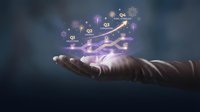 Business hand presenting quarterly growth timeline with glowing data visualization and sparkle effects for corporate presentations and financial reports.