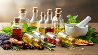 Natural herbal essential oils in glass bottles with fresh herbs, spices and mortar on wooden table for aromatherapy, wellness and holistic healing treatments.