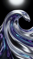 Glossy wave with purple and silver metallic swirls flowing against black background, suitable for modern design, backgrounds, and digital art projects.