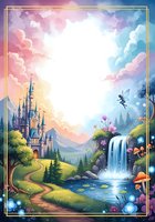 Watercolor fantasy landscape with fairy castle, waterfall, flying fairy, mushrooms, and glowing flowers, framed with golden border and copy space.
