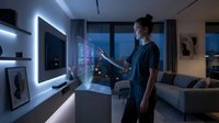 Young woman interacting with futuristic holographic interface in modern smart home living room at night with blue ambient lighting for technology concepts.