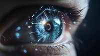 Macro shot of blue human eye with digital elements and glowing particles, representing artificial intelligence, technology and future vision enhancement.