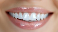 Close up view of healthy white teeth and natural pink lips showing genuine smile. Dental care and oral hygiene concept for dentistry and cosmetic services.