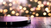 Minimalist product display platform on purple wooden surface with blurred golden bokeh lights background, creating luxurious festive atmosphere.