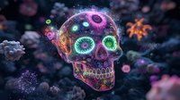 Glowing neon skull with mystical energy effects floating in dark space surrounded by luminous particles and abstract organic forms. Artistic fantasy concept.